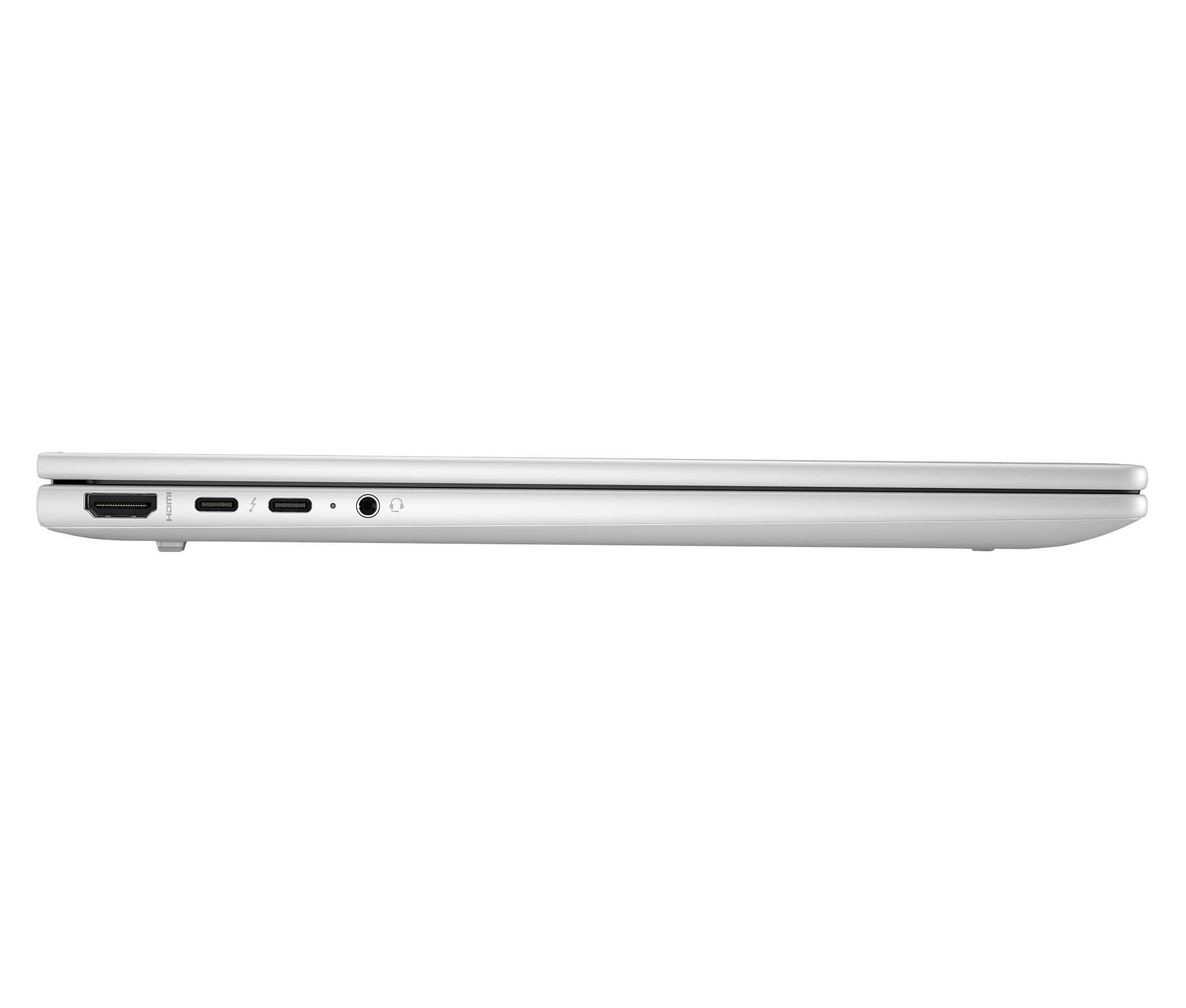 Silberner Laptop von der Seite gesehen. Sichtbare Anschlüsse: HDMI, USB-C und Kopfhöreranschluss.