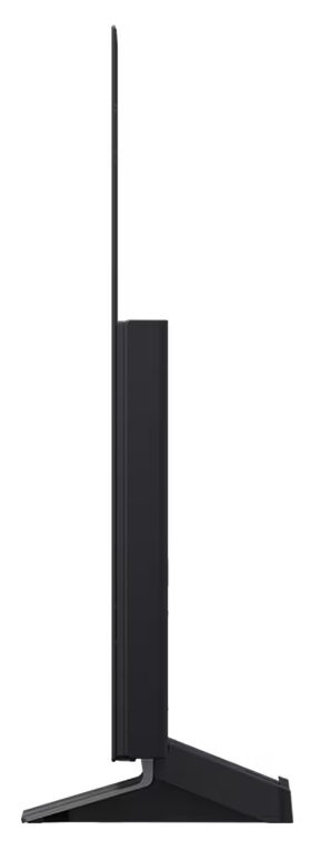 Tył czarnego telewizora, pokazujący porty, podstawę i teksturowaną, ciemnoszarą powierzchnię.