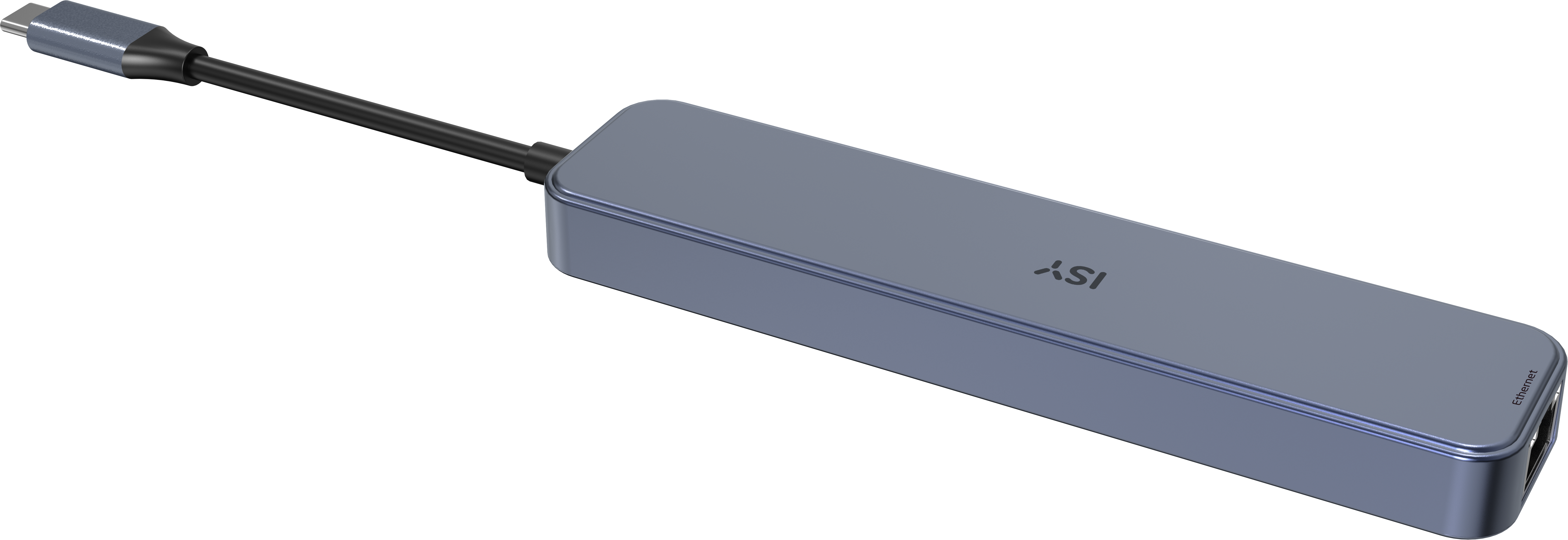 Hub USB-C ISY blu-grigio con cavo collegato e logo ISY.