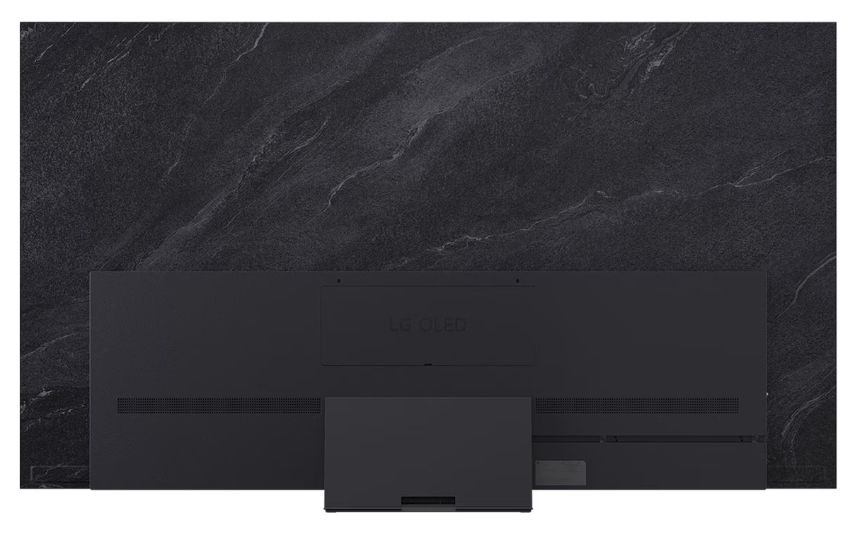 Widok z tyłu czarnego telewizora LG OLED na ciemnoszarym tle z marmuru.