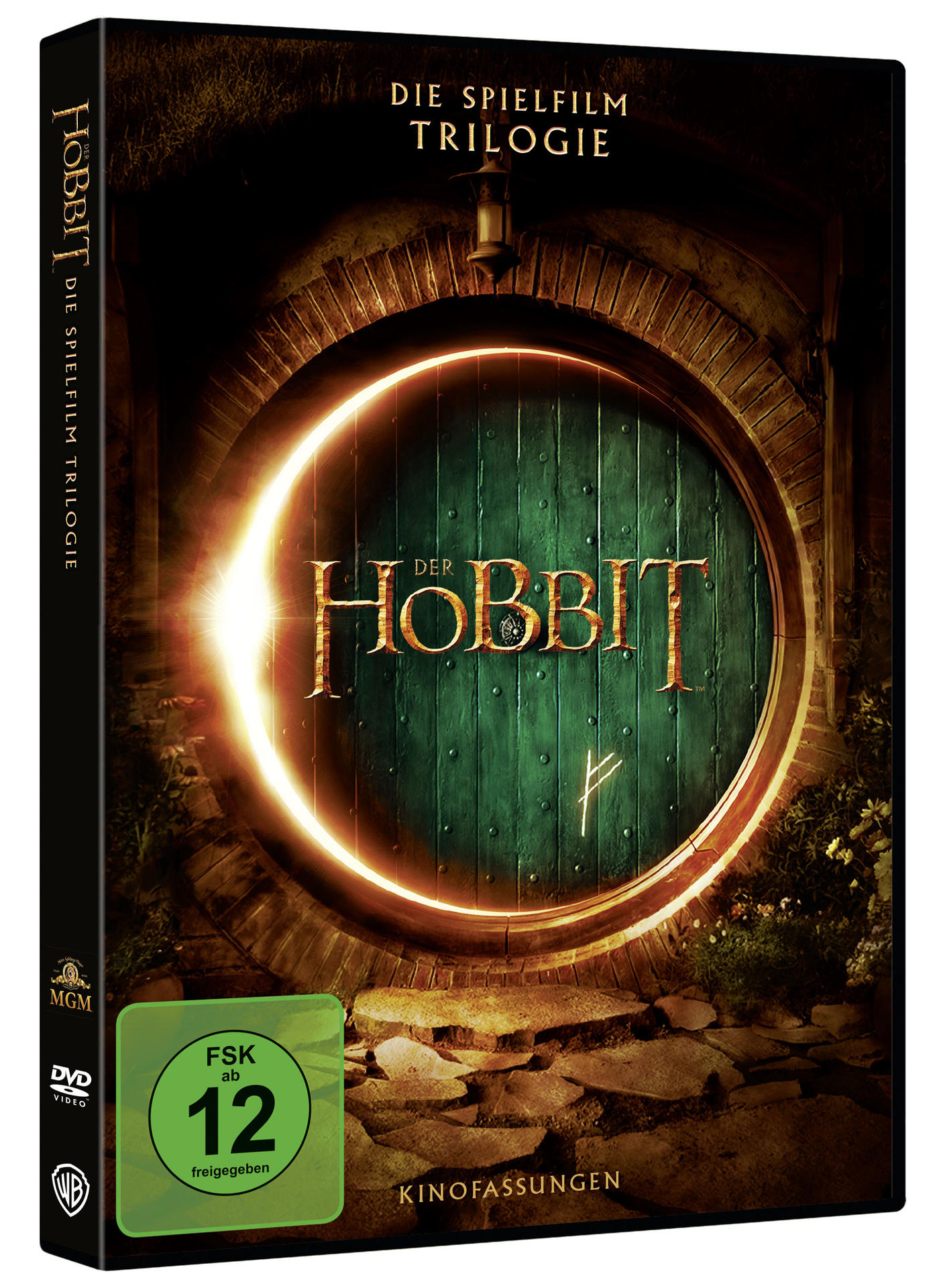 Das Hobbit-Trilogie DVD-Cover. Eine grüne Tür in einer Steinmauer mit hellem Licht dahinter.