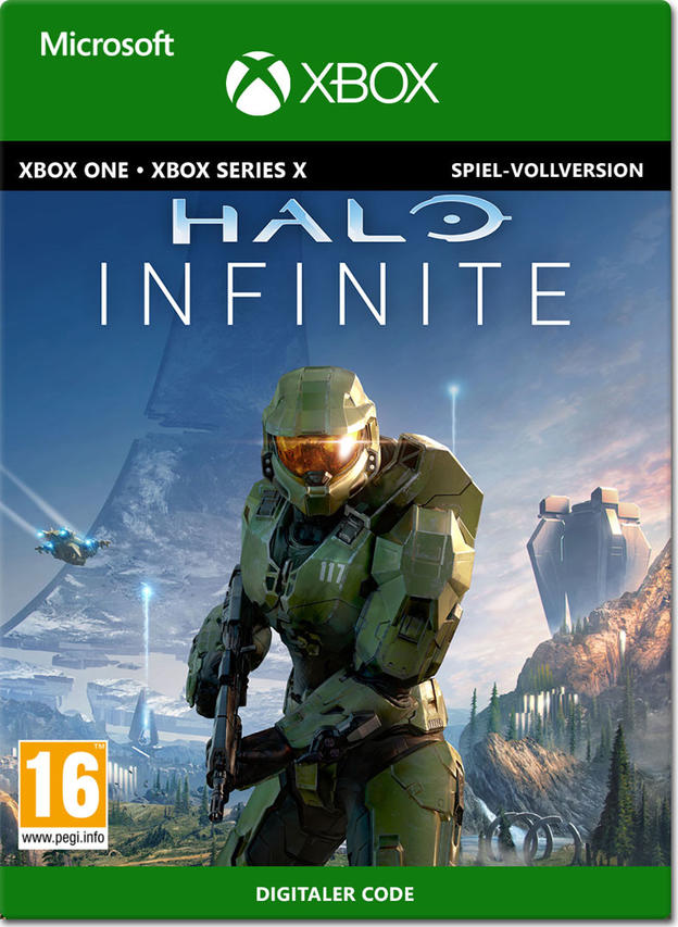 Halo Infinite Xbox game box art with a green-armored Spartan and a futuristic landscape.