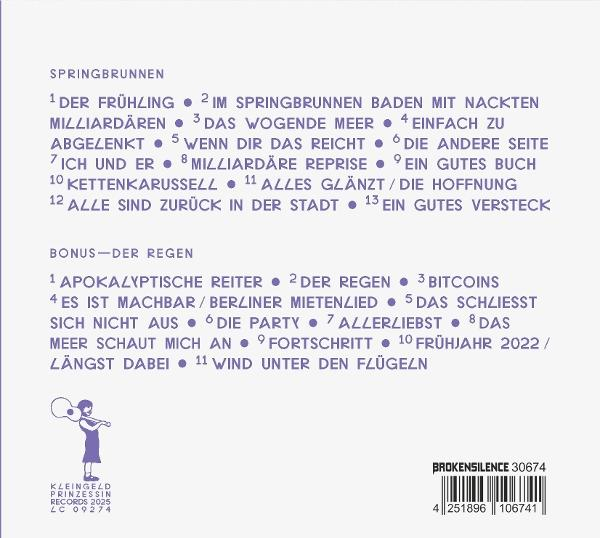 Albumcover mit Titelliste. Titel ist 'Springbrunnen'. Künstler ist 'Kleingeld Prinzessin'. Das Cover ist meist weiß.