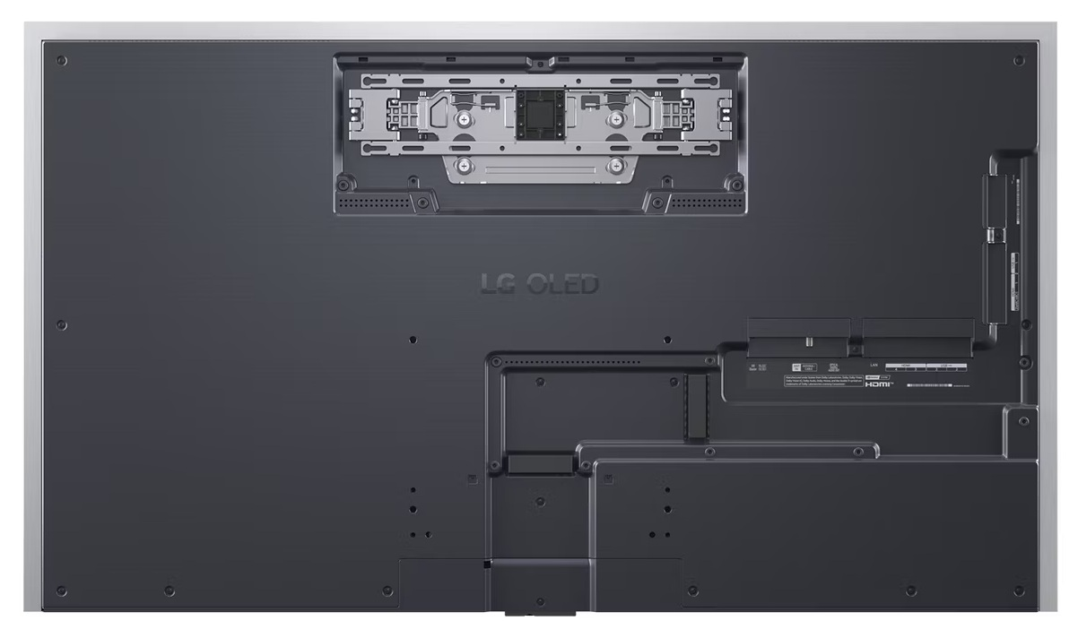 Tył telewizora LG OLED, pokazujący porty, metalową płytę i logo LG OLED.