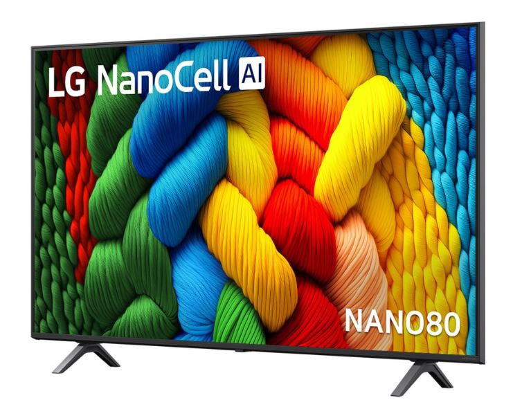 Ekranda renkli soyut sanat eserleri bulunan LG NanoCell TV. TV bir stand üzerinde duruyor.