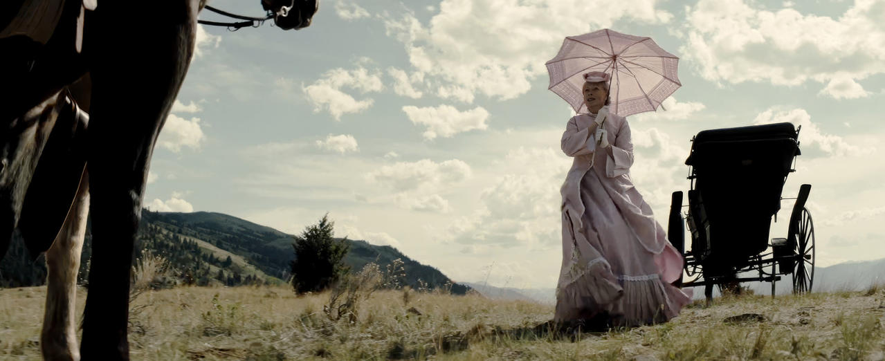 Eine Frau in rosa Kleid und Sonnenschirm steht in der Nähe eines Pferdes und einer Kutsche auf einem Hügel.