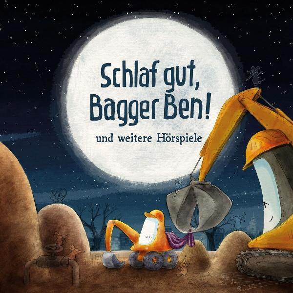 Kinderbuchcover eines Baggers und Mäusen bei Nacht unter Vollmond.