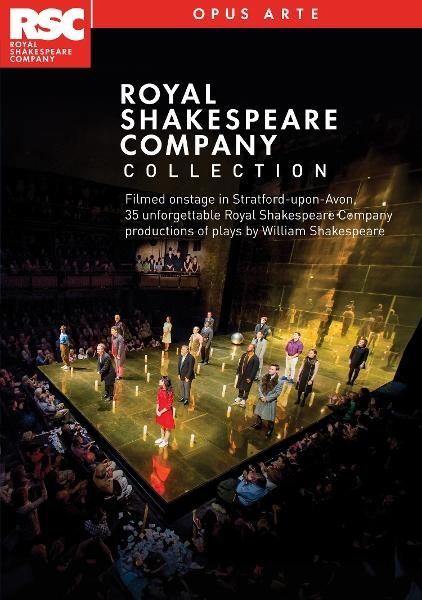 Bühne mit Schauspielern, die auftreten, Publikum im Dunkeln. Text: Royal Shakespeare Company Collection.