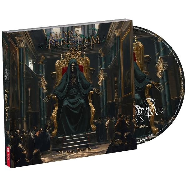Albumcover: Skelett auf Thron, Leute im Hintergrund, Text 'MORS PRINCIPIUM EST'.