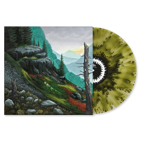 Albumcover mit Landschaftsmalerei und Schallplatte mit grünem Farbklecksen-Design.