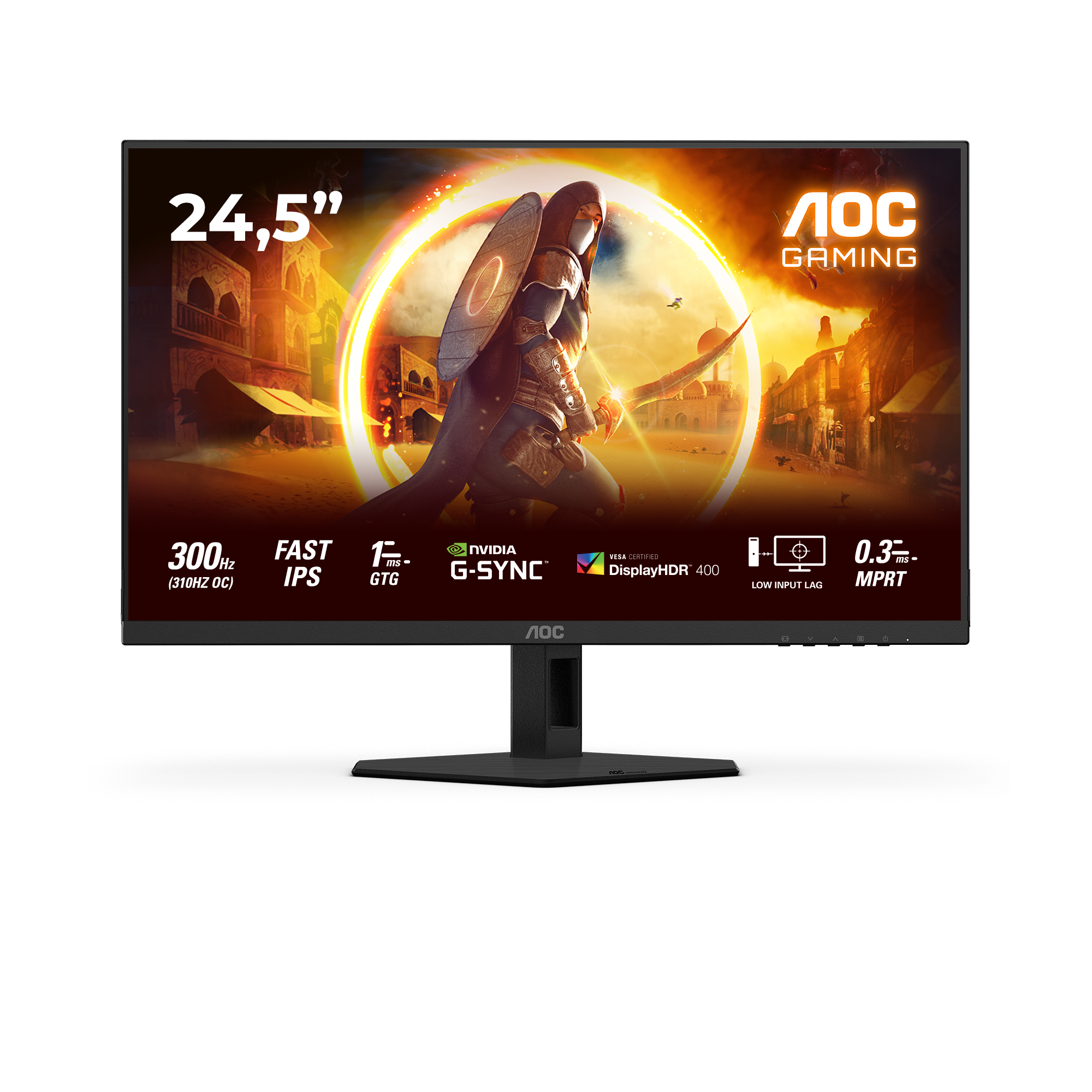 AOC Gaming-Monitor, der eine Szene mit einer Kriegerfigur anzeigt, mit Text, der Funktionen und Spezifikationen angibt.