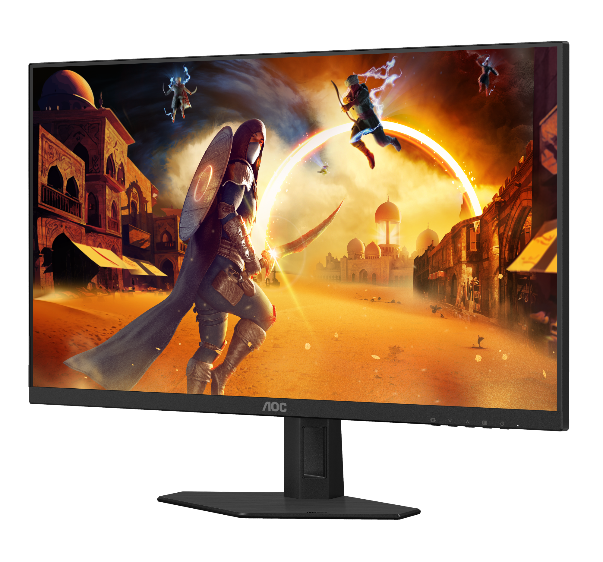 Der Monitor zeigt eine Spielszene mit Krieger, Gebäuden und Figuren. Der Monitor ist schwarz.