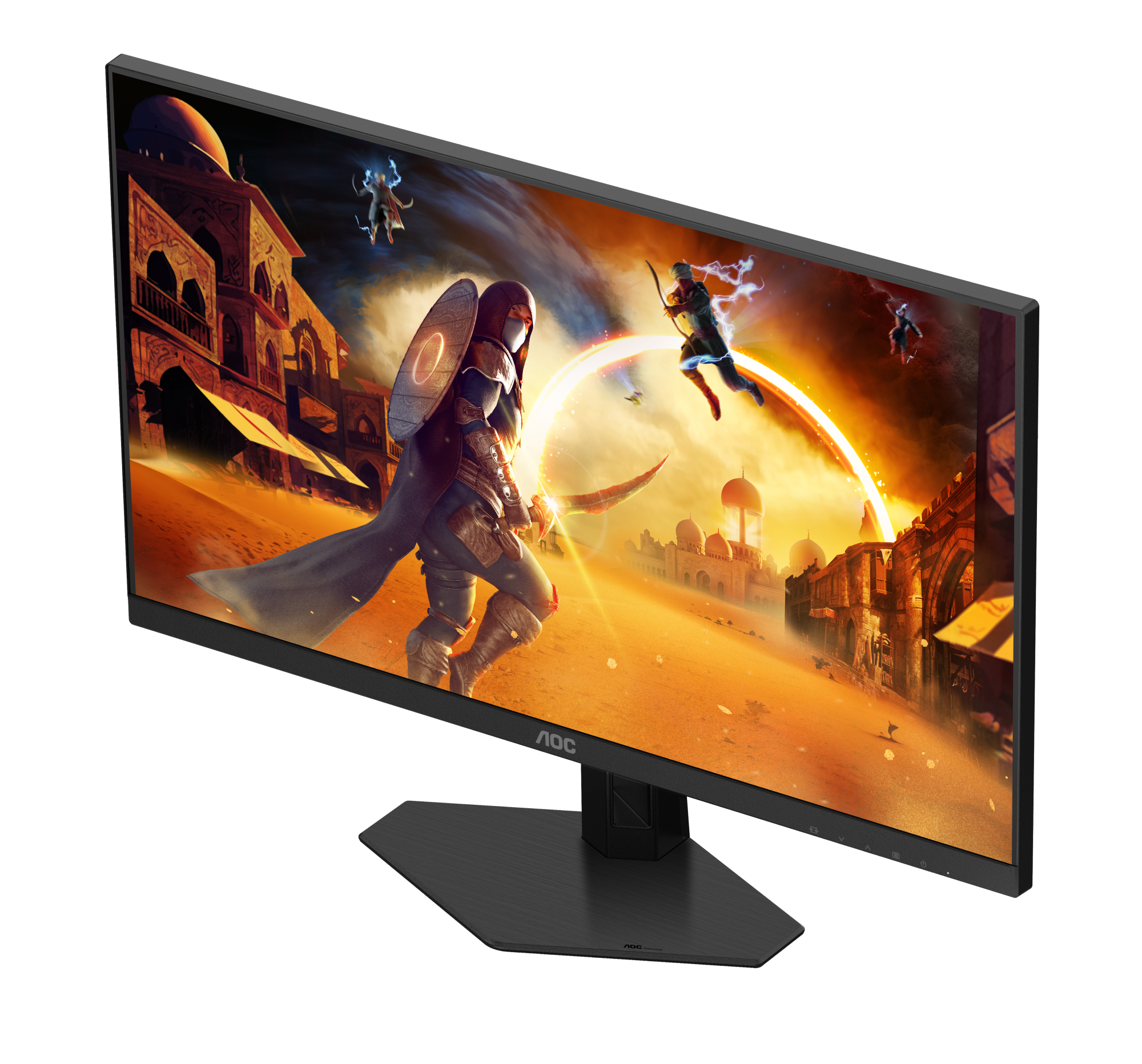 Der Monitor zeigt eine Spielszene mit Krieger, Gebäuden und Figuren. Der Monitor ist schwarz.