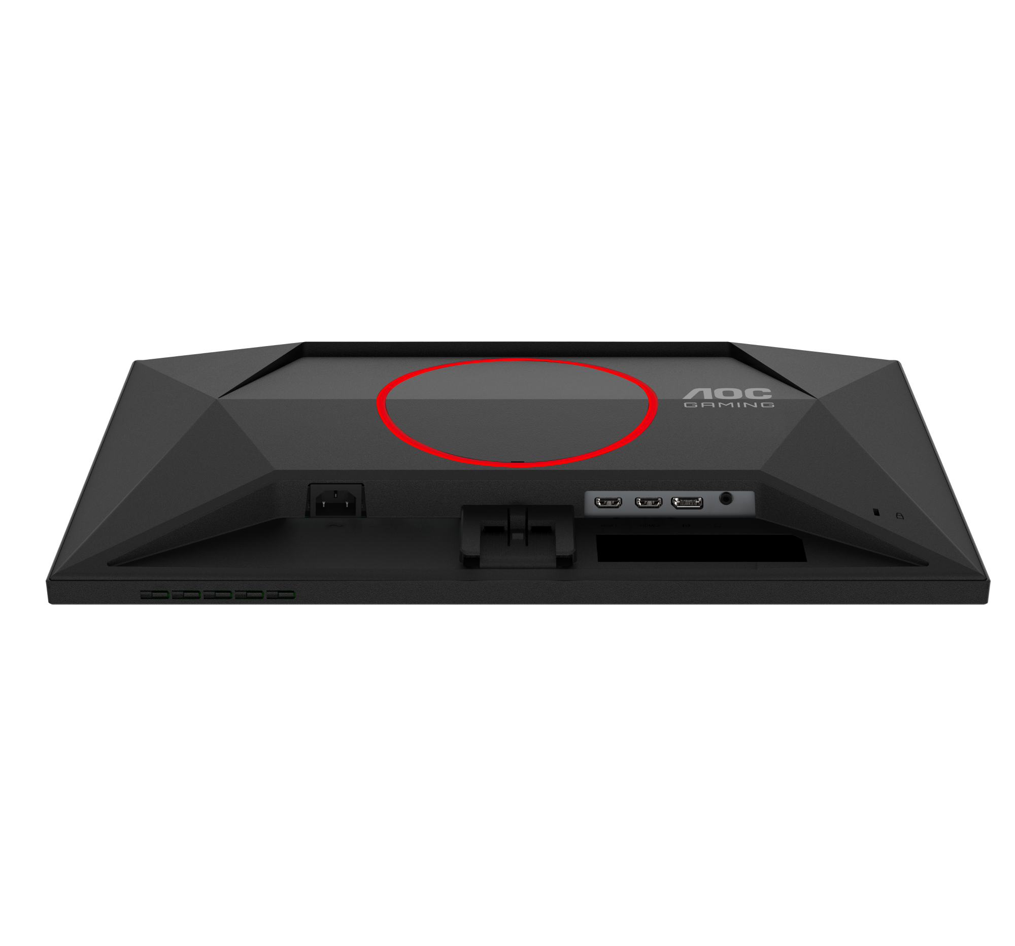 Rückseite des schwarzen Monitors mit Markennamen und Anschlüssen. Der Ständer ist schwarz.