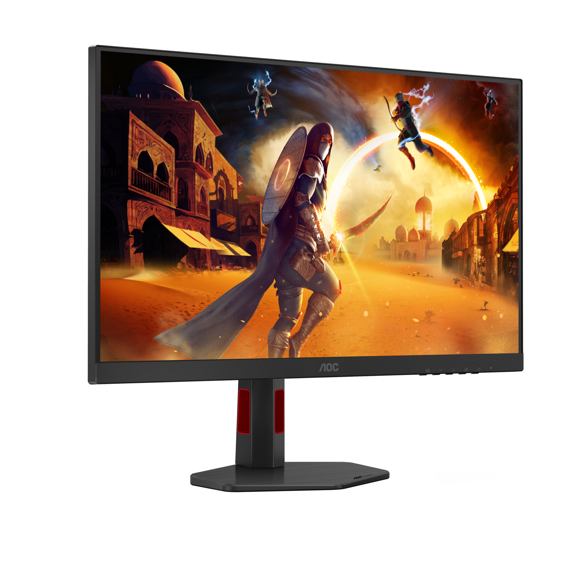 AOC Gaming Monitor mit Spielszene eines Kriegers. Der Monitor hat einen schwarzen Rahmen und Ständer.