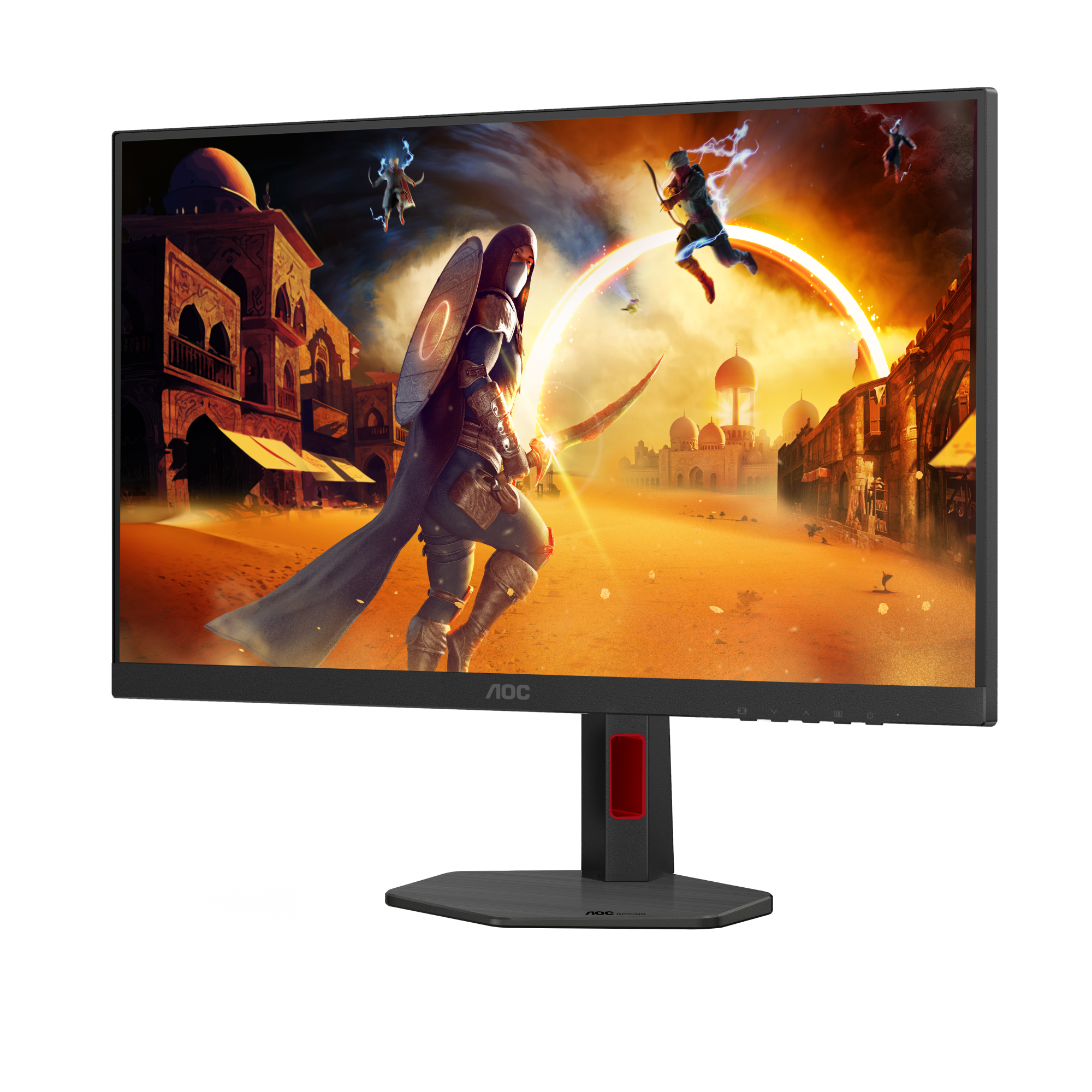 AOC Gaming Monitor. Der Bildschirm zeigt ein Spiel mit einem Krieger. Der Monitor hat einen schwarzen Rahmen.