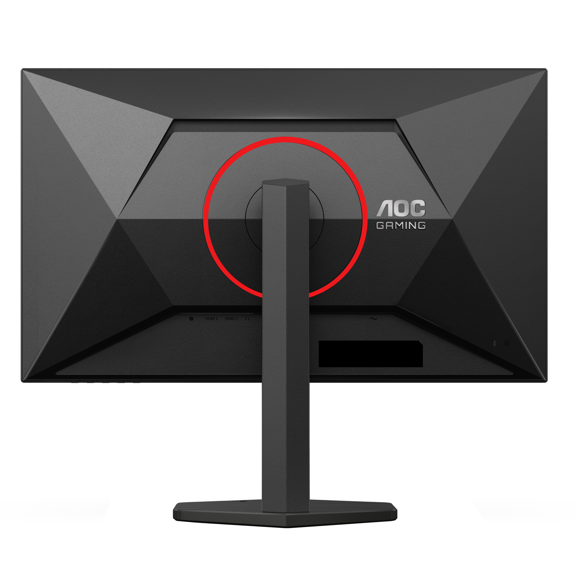 Rückseite eines AOC Gaming Monitors. Schwarz mit rotem Kreis um den Ständeranschluss.