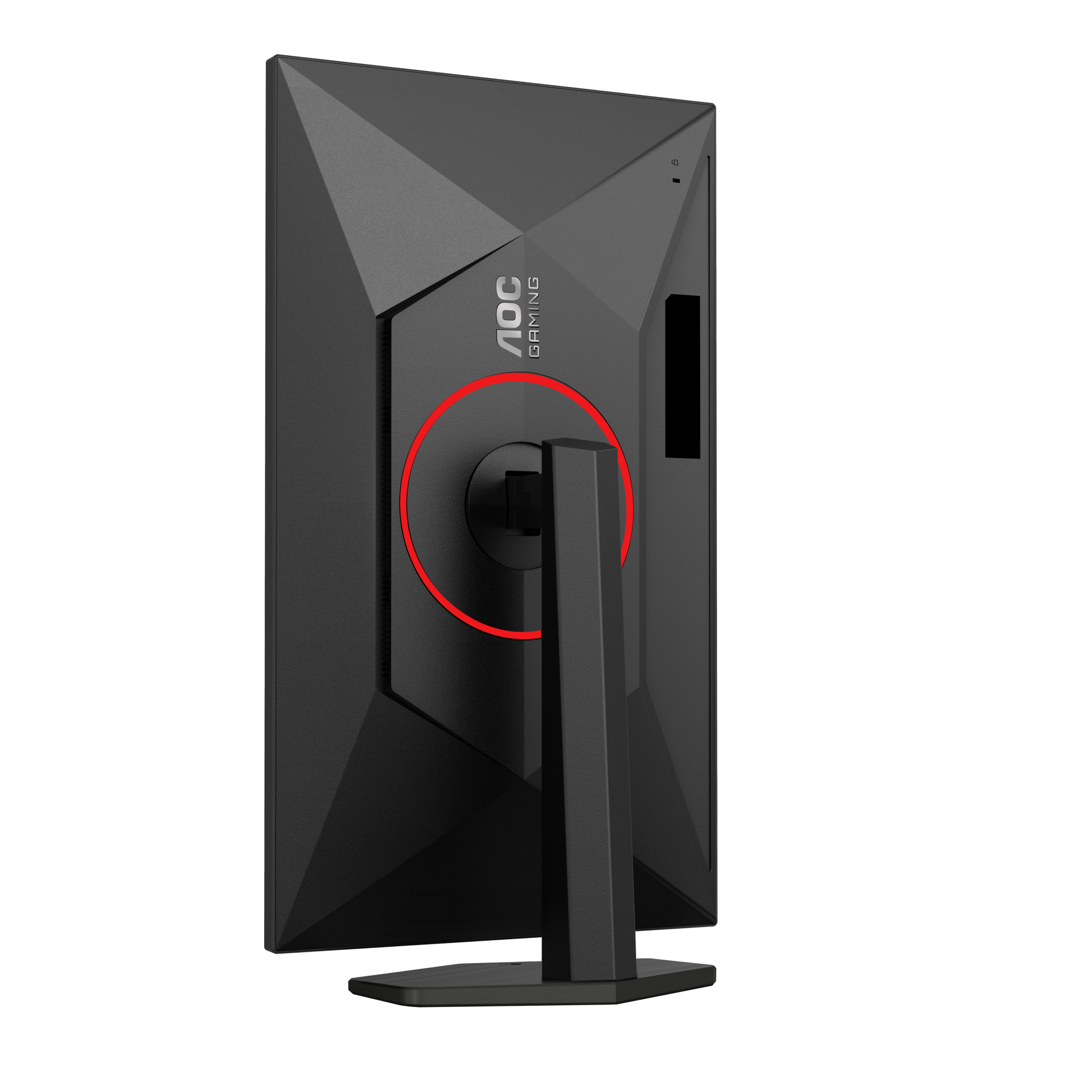 Rückseite AOC Gaming Monitor. Schwarz mit rotem Kreis um den Ständeranschluss.