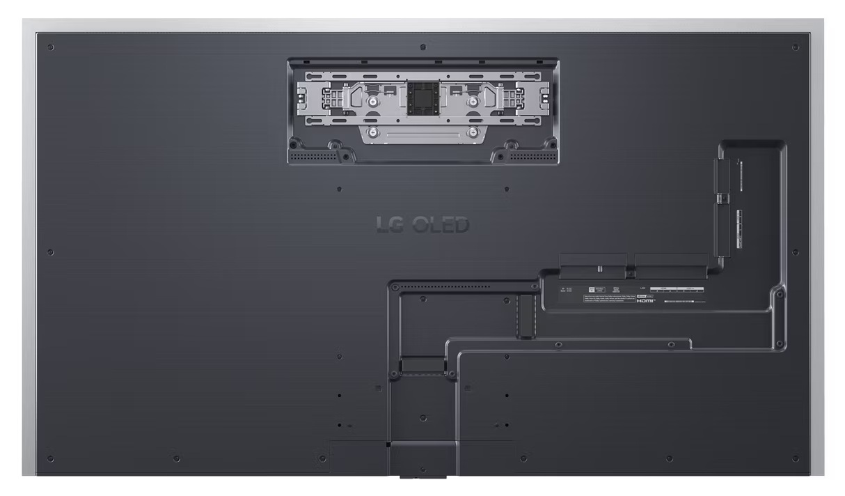 Tył czarnego telewizora LG OLED. Srebrna ramka, logo LG OLED oraz różne porty i uchwyty montażowe.
