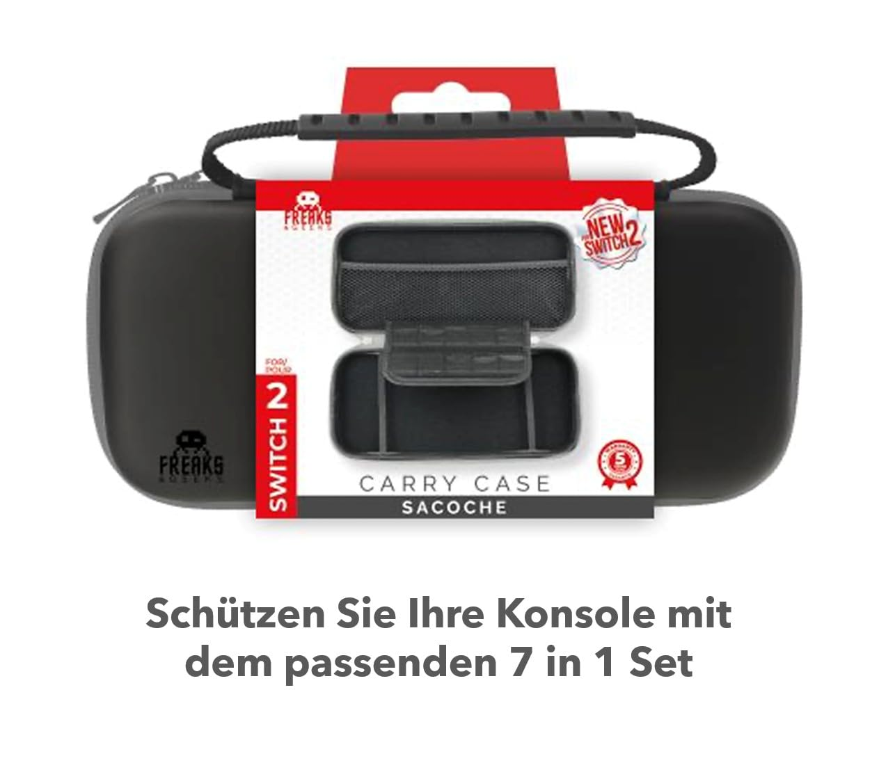 Schwarze Switch 2-Tragetasche mit rotem Etikett und Text.