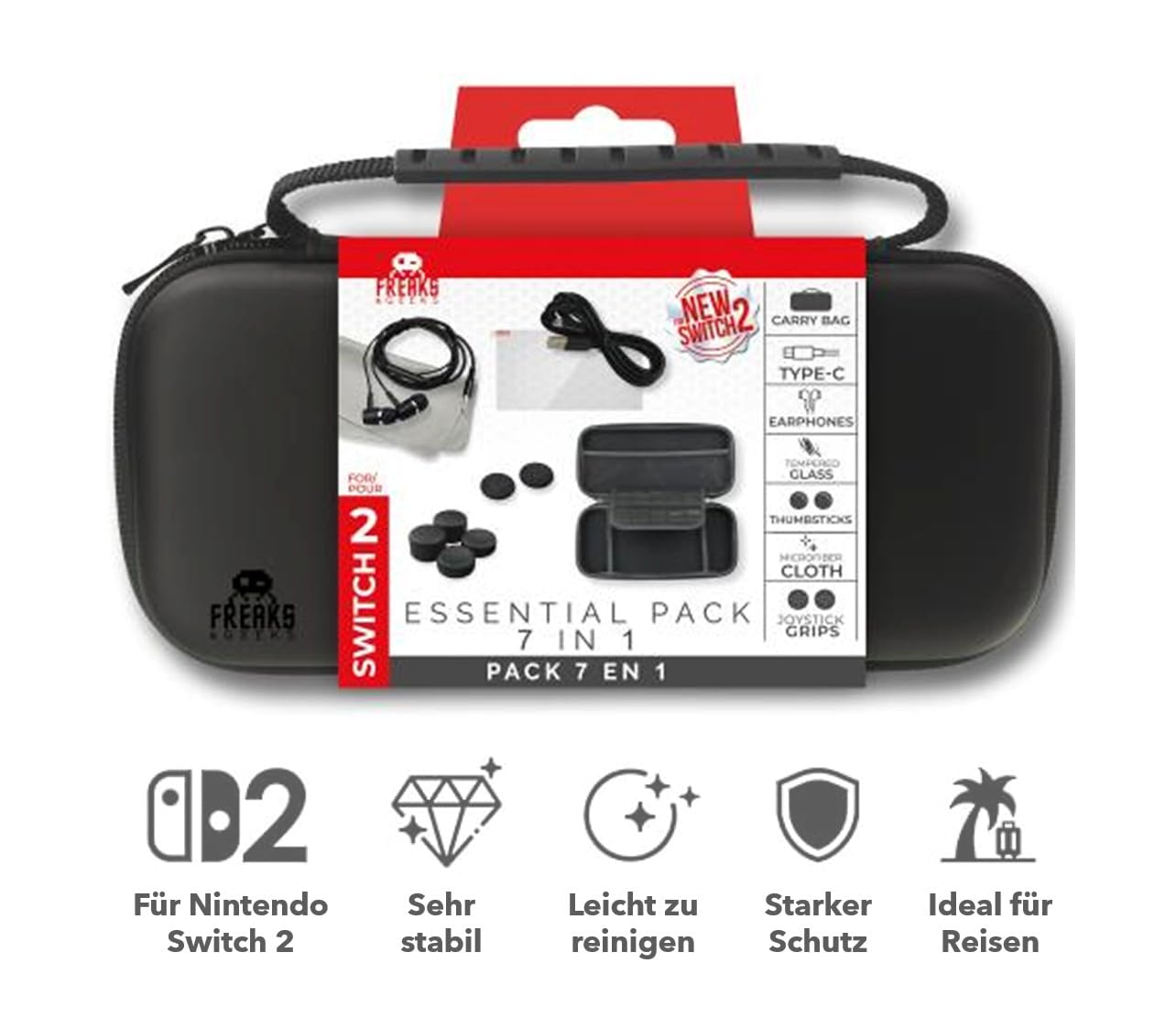 Schwarze Switch 2-Hülle mit Zubehör: Kopfhörer, Kabel, Thumbsticks, Reinigungstuch und Joystick-Griffe.