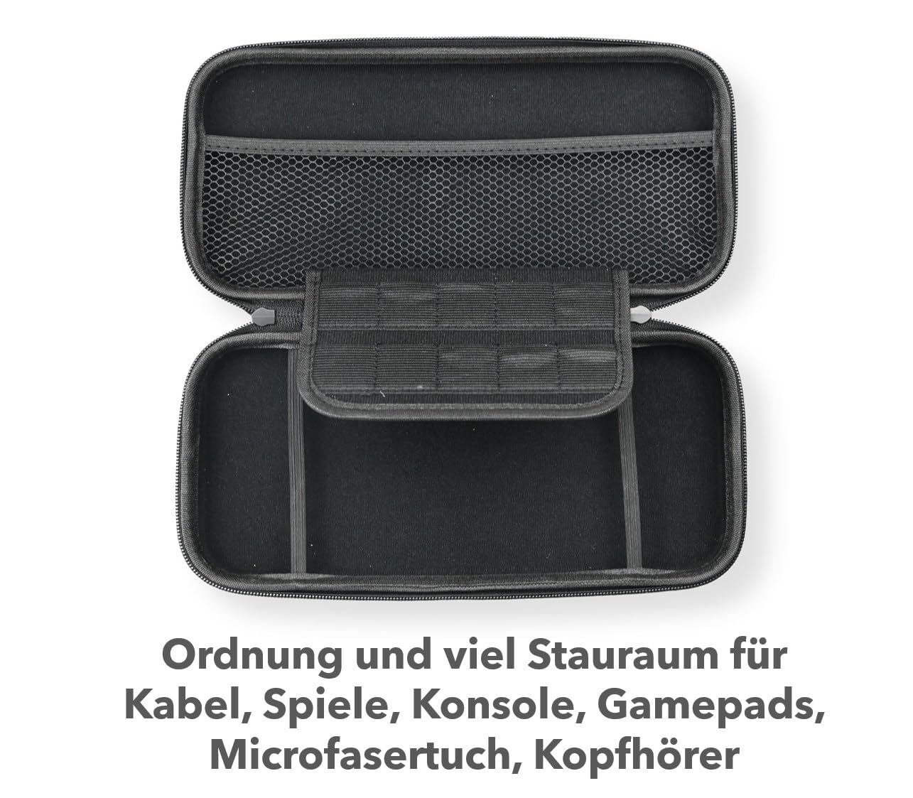 Schwarzer Innenraum einer Switch 2-Hülle mit Fächern für Konsole und Zubehör.