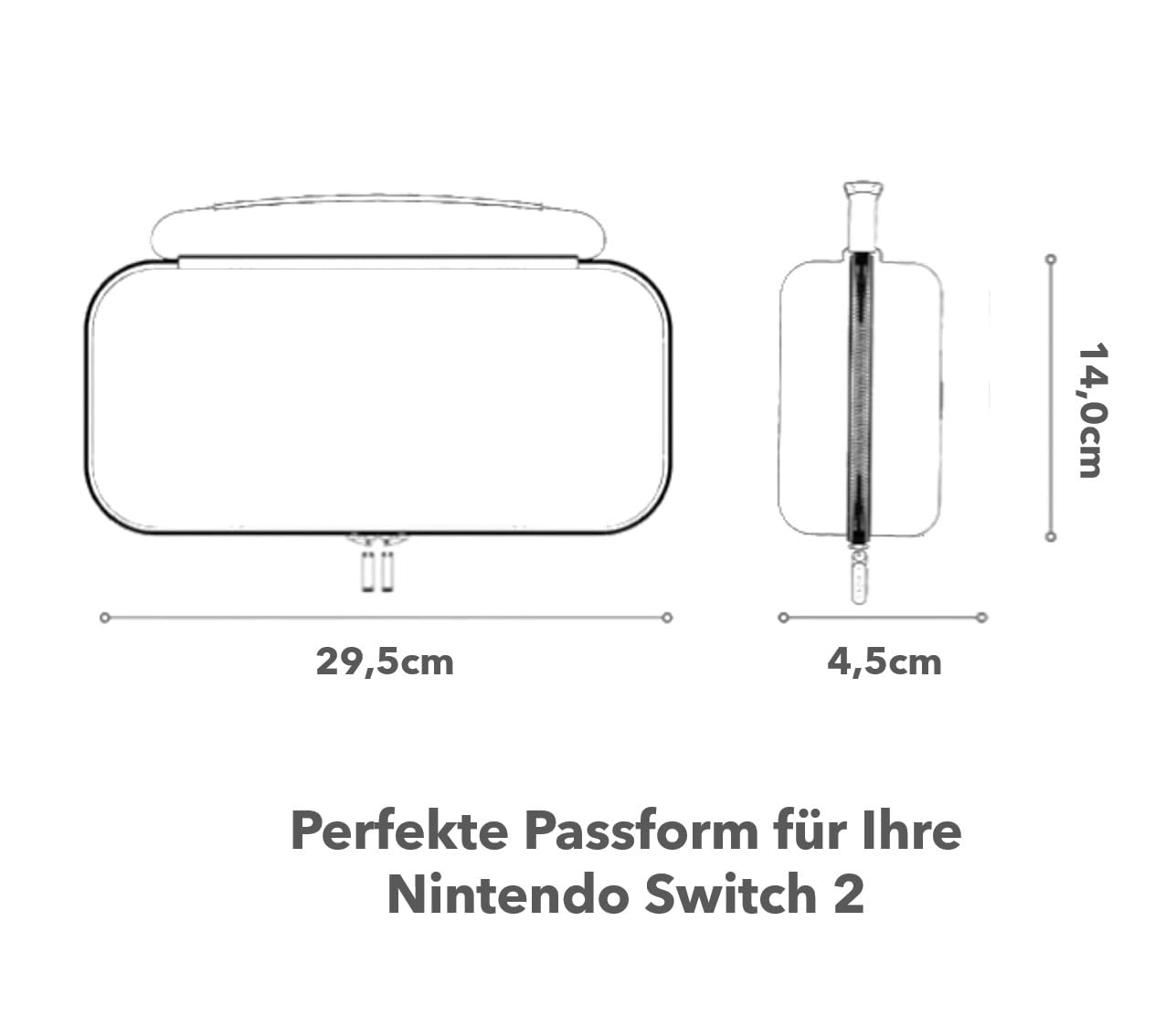 Technische Zeichnung einer schwarzen Switch 2-Hülle mit Abmessungen in cm.