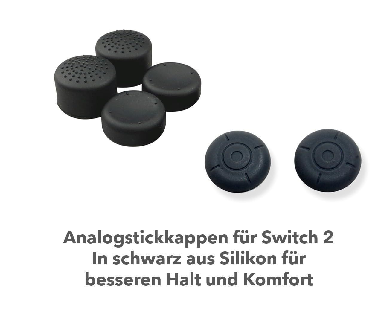 Schwarze Analog-Stick-Kappen für Switch 2, aus Silikon.