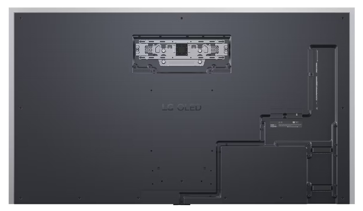 Tył telewizora LG OLED. Ma ciemnoszary panel z wspornikami montażowymi, portami i logo LG OLED. Rama jest srebrna.