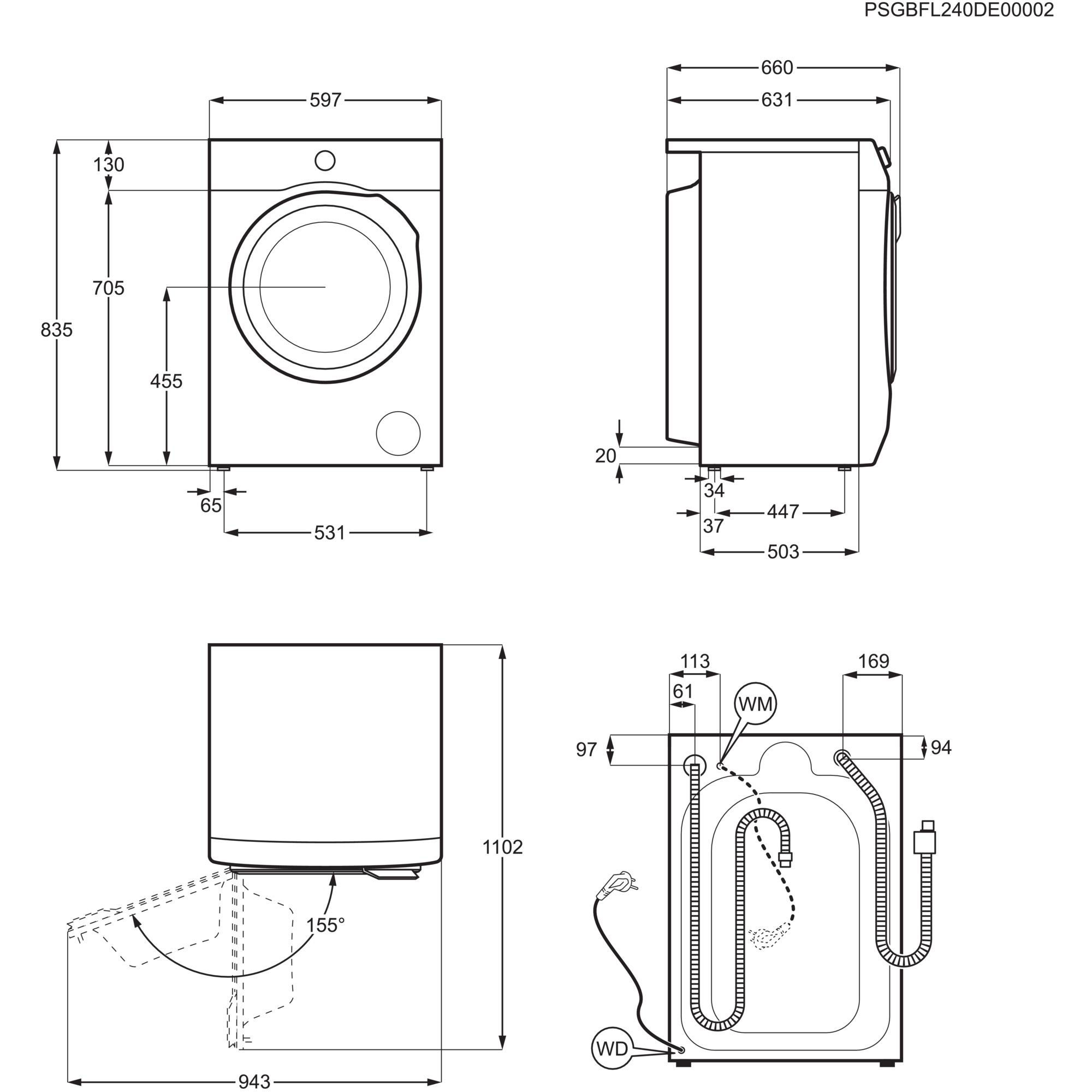 Technische Zeichnung mit bemaßten Ansichten einer Waschmaschine.