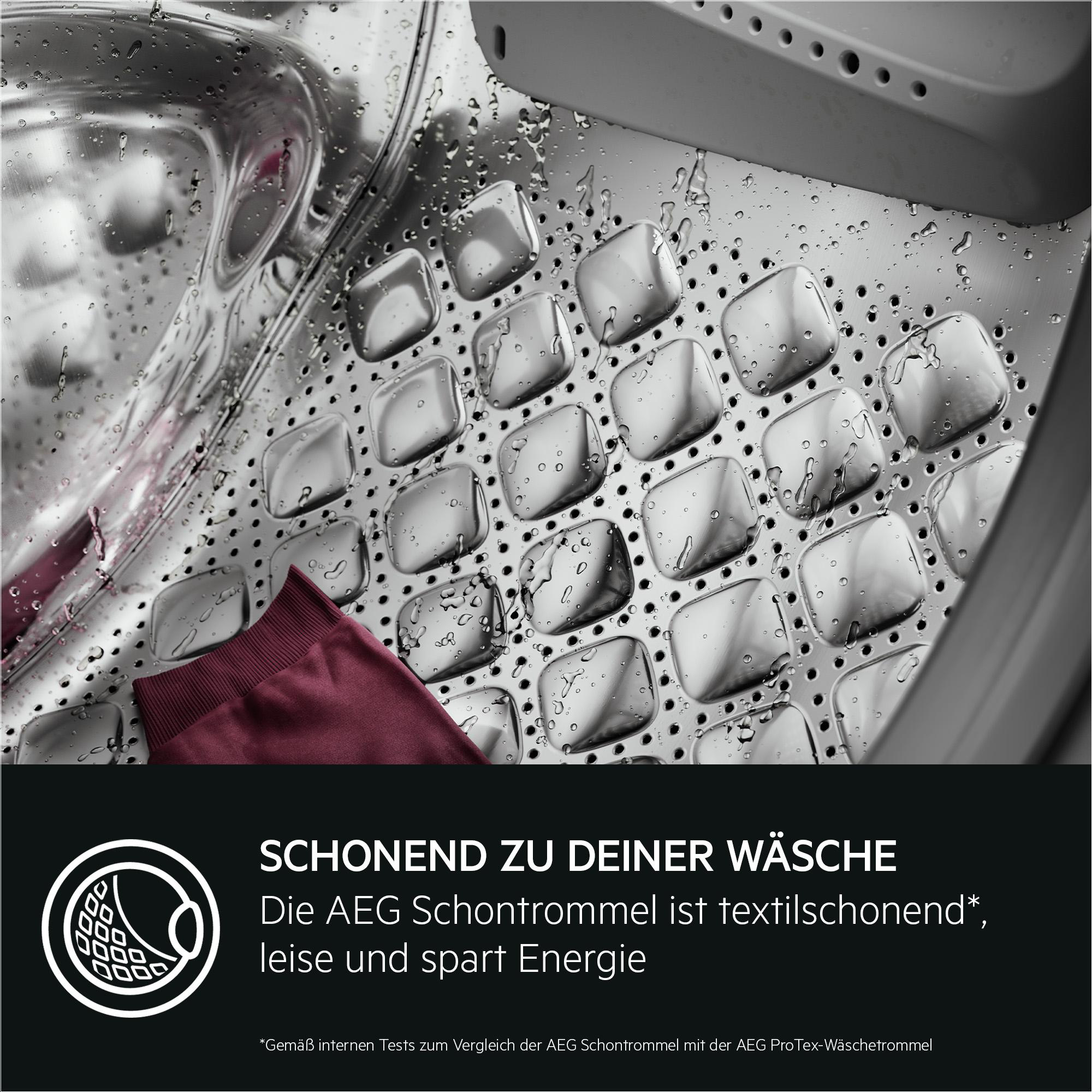 Waschmaschinentrommel mit Wassertropfen und rotem Kleidungsstück. Text: SCHONEND ZU DEINER WÄSCHE.