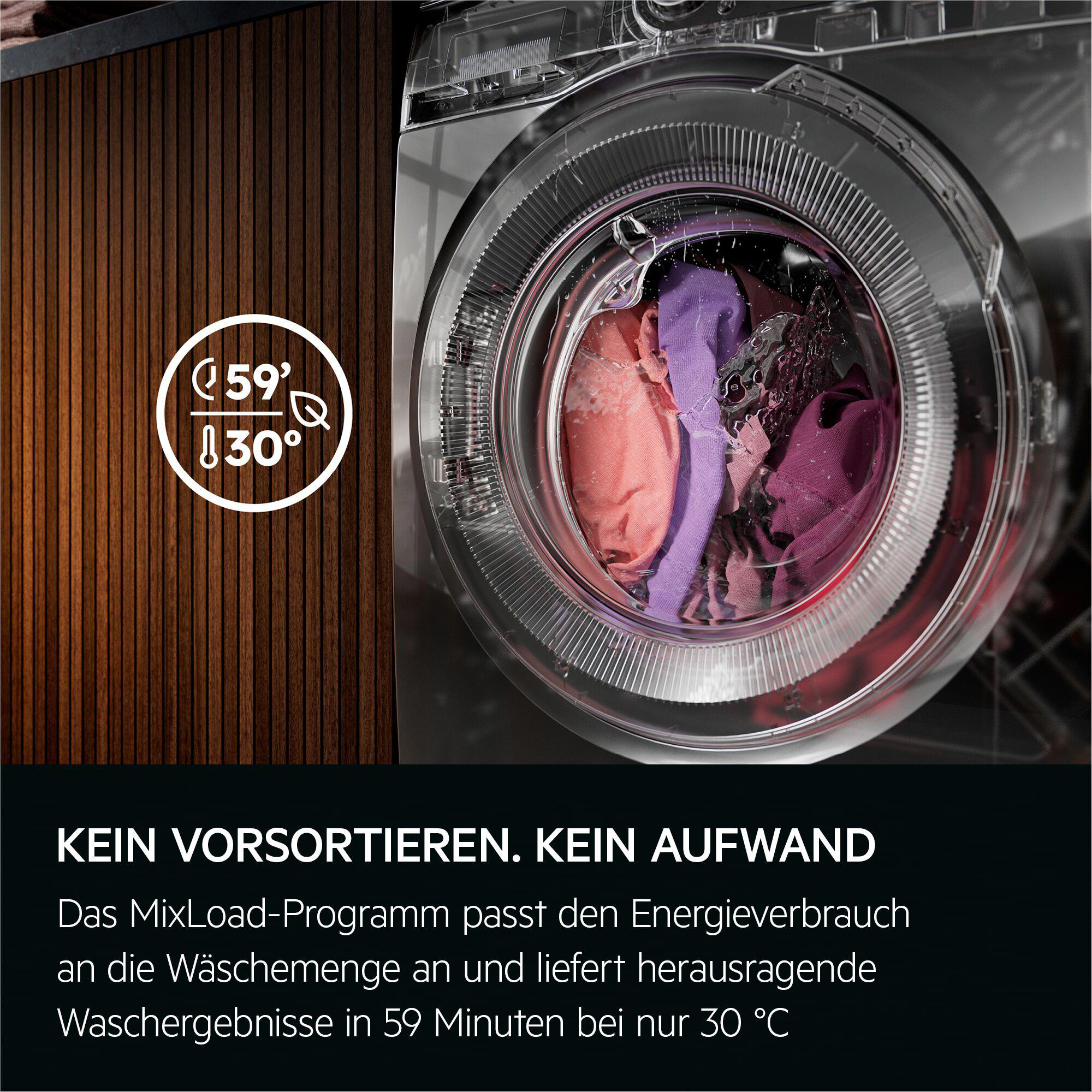 Eine Waschmaschine mit Kleidung darin. Ein Text zeigt einen 59-Minuten-Zyklus bei 30 Grad an.