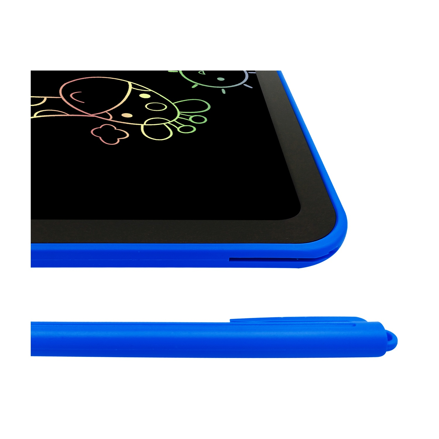 Primo piano di un tablet blu con un disegno di giraffa e una penna blu.
