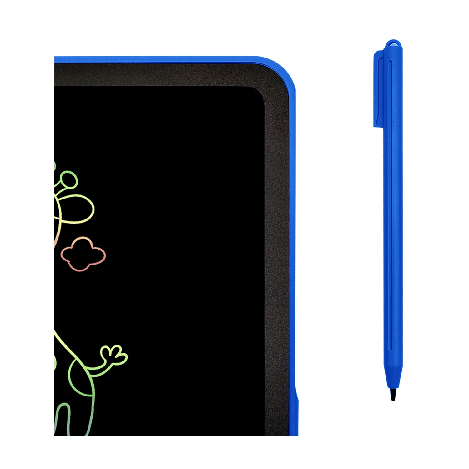 Un tablet blu e una penna blu. Il disegno di una giraffa è visibile sul tablet.