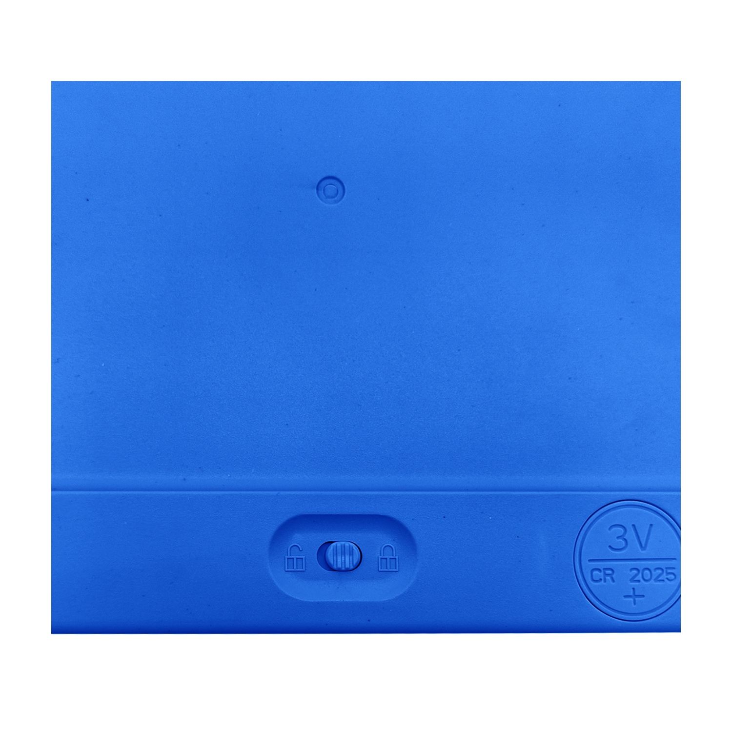 Primo piano di un tablet blu con pulsanti e un vano batteria.