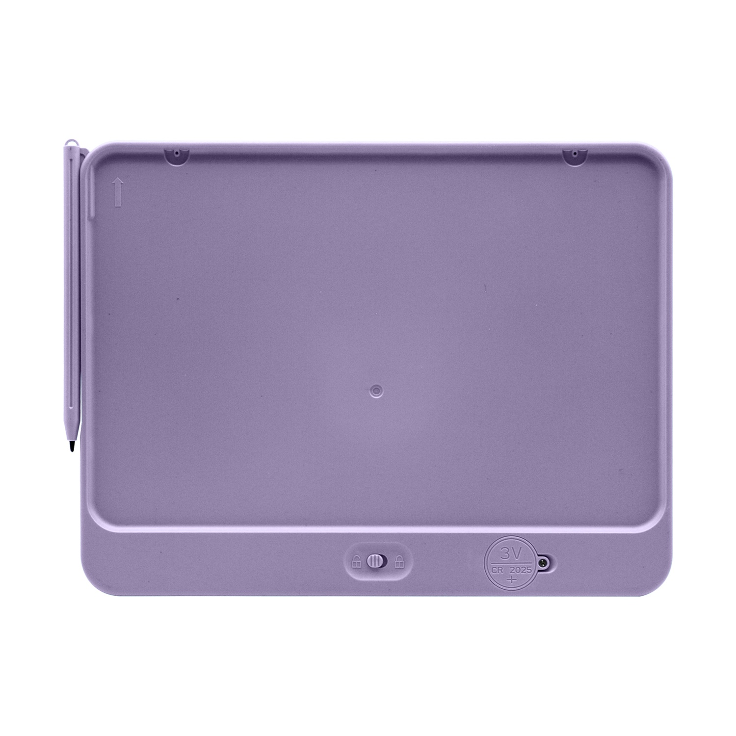 Un tablet viola con una penna sul lato sinistro. Ha un pulsante di accensione/spegnimento e di blocco.