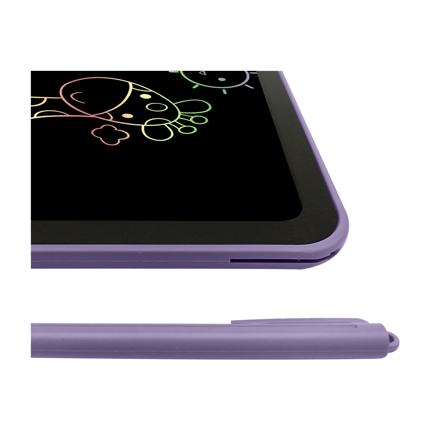 Primo piano di un tablet viola con un disegno di giraffa e una penna viola.