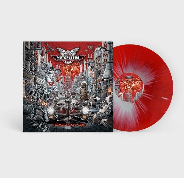 Albumcover mit rot-weißem Vinyl. Das Cover zeigt ein Auto und den Bandnamen.
