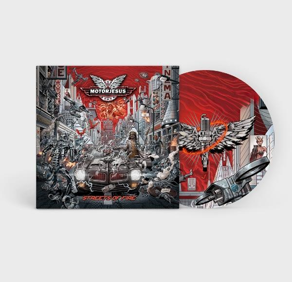Albumcover mit roter Disc. Das Cover zeigt ein Auto und den Bandnamen.