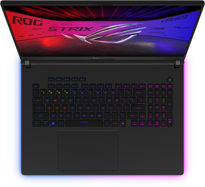 Fekete laptop, nyitva, világító képernyővel, felülnézet.
