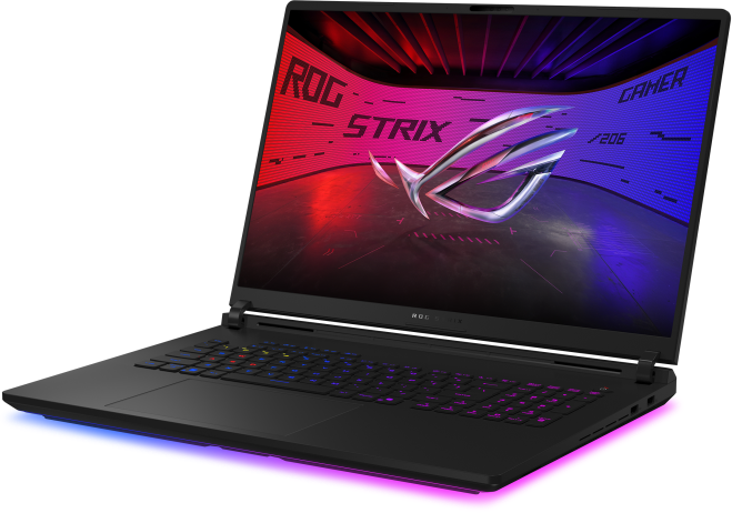 Fekete laptop, nyitva, világító képernyővel, oldalnézet, szög.