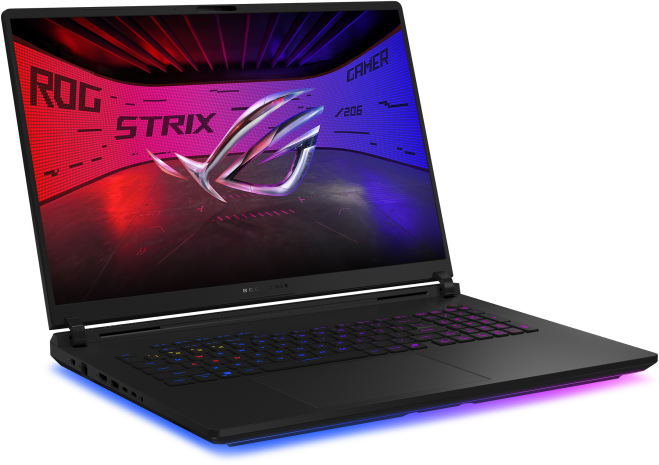 Fekete laptop, nyitva, világító képernyővel, szögből nézve, színes fények.
