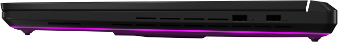 Laptop oldalsó profilja, a portokat mutatva, rózsaszín fénysávval.