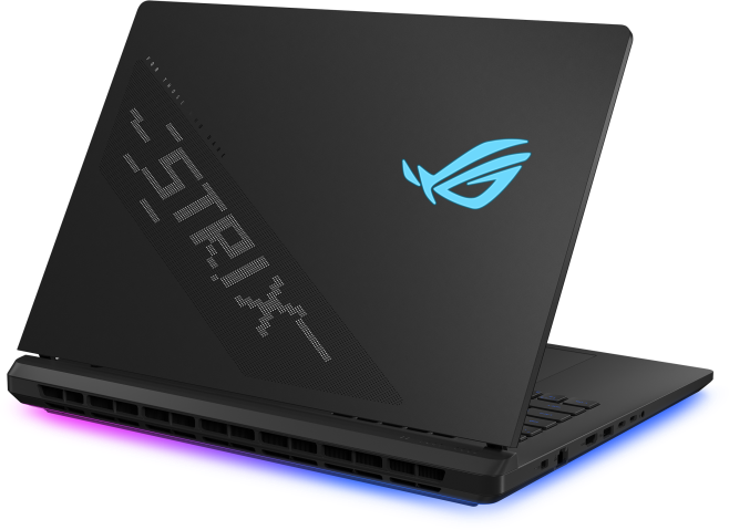 Fekete laptop ROG logóval, kék-rózsaszín fénysávval.