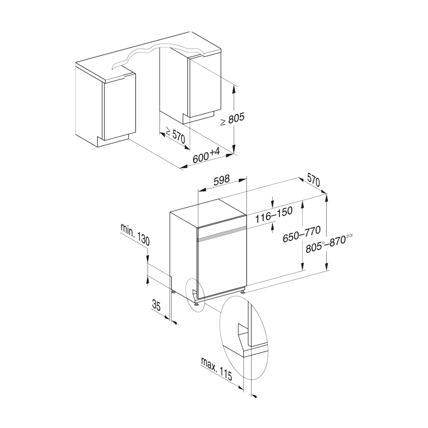 Disegno tecnico di una lavastoviglie con misure e dettagli.