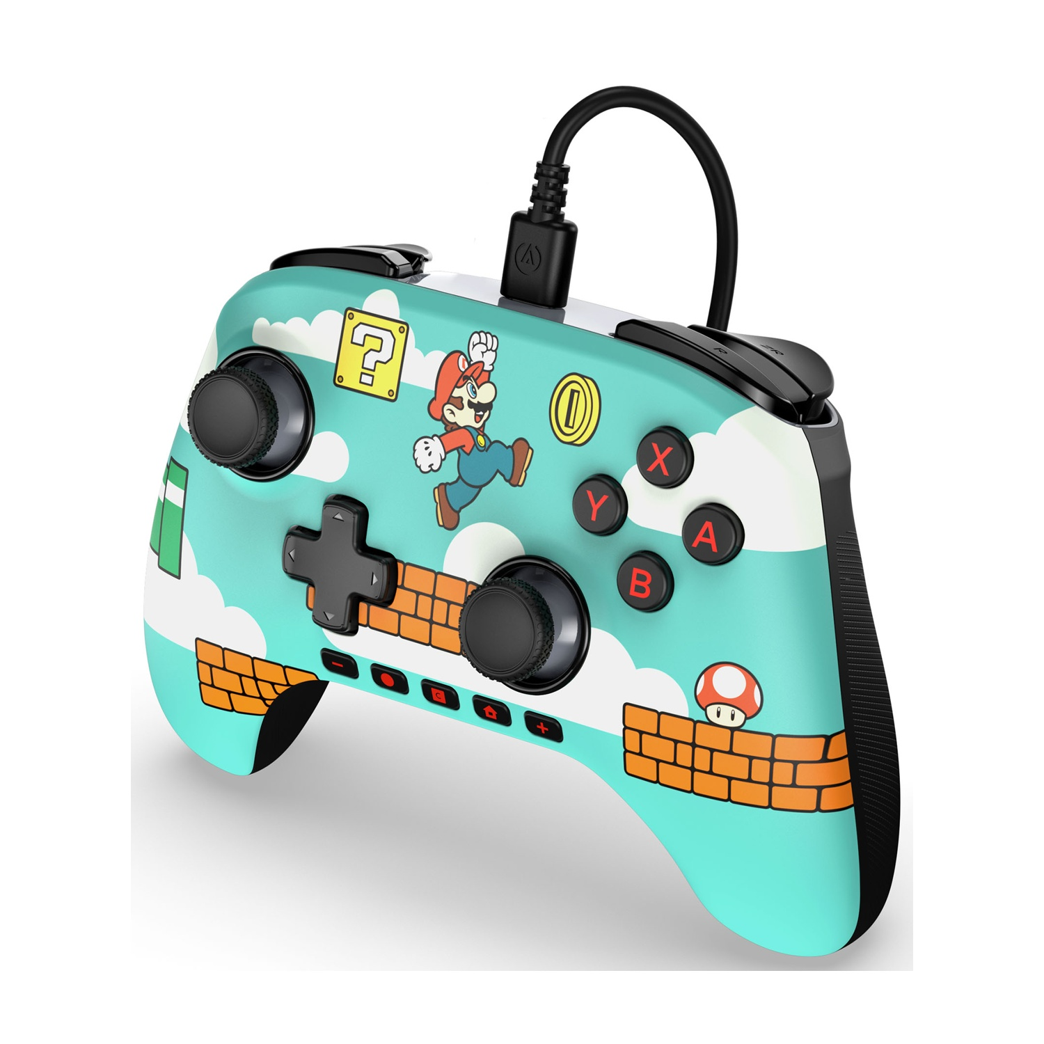 Controller di gioco verde acqua con Mario che corre e un punto interrogativo.