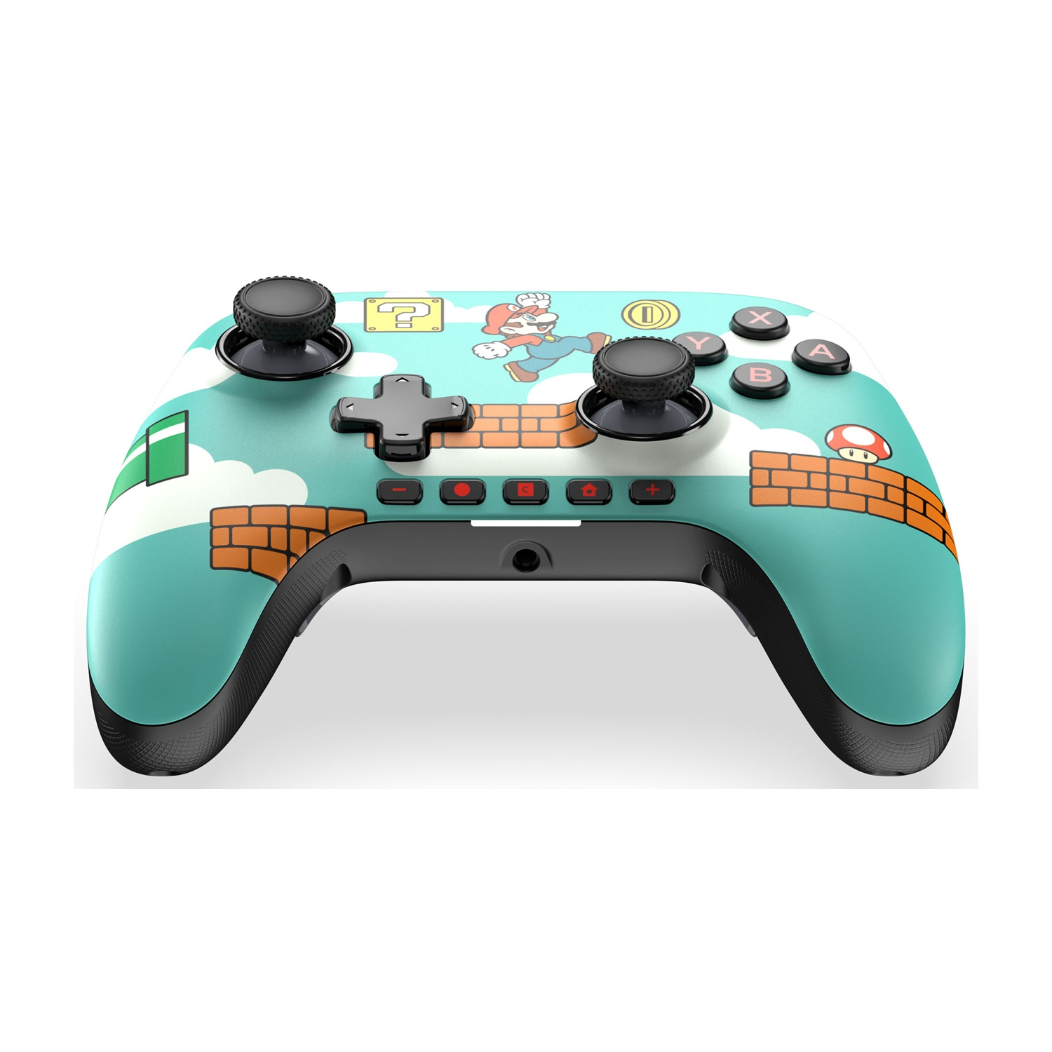 Controller di gioco verde acqua con pulsanti, Mario ed elementi di gioco.