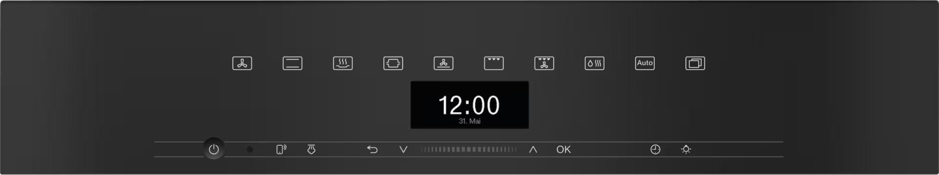 Nahaufnahme des schwarzen Bedienfelds eines Ofens mit Display.