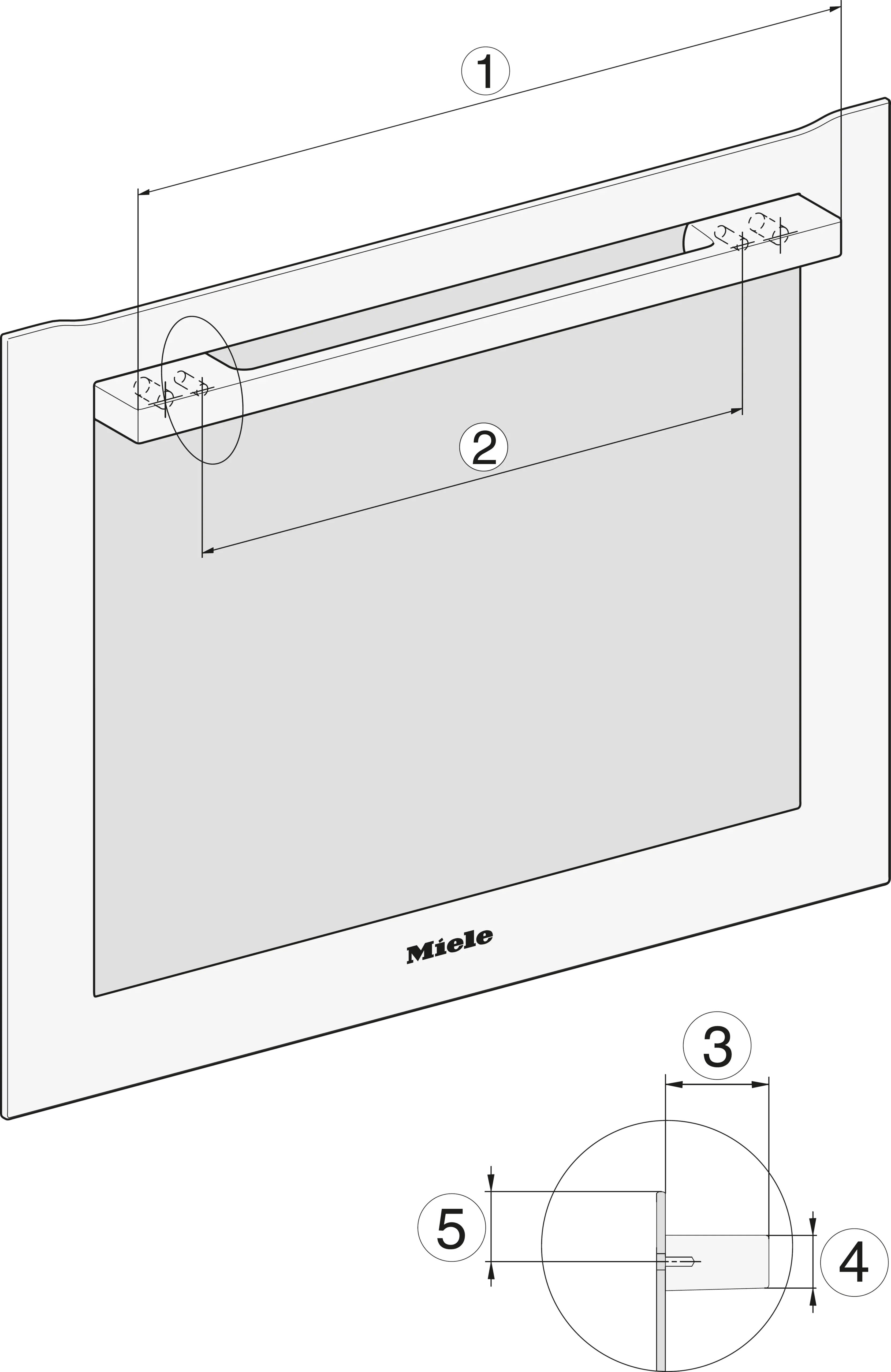 Diagramm, das die Ofentür und den Griff mit Maßen zeigt.