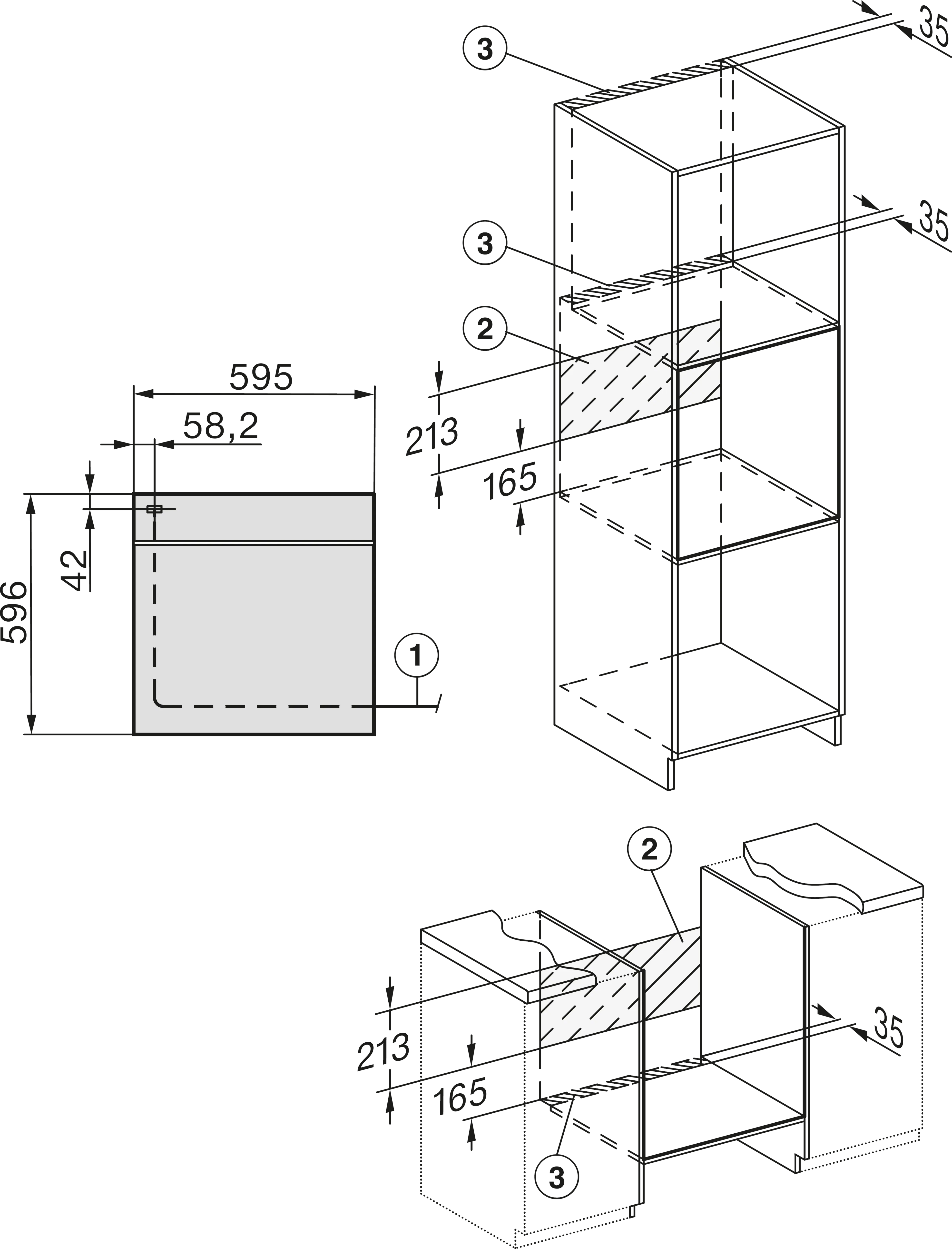Diagramm mit den Einbaumaßen eines Einbauofens.